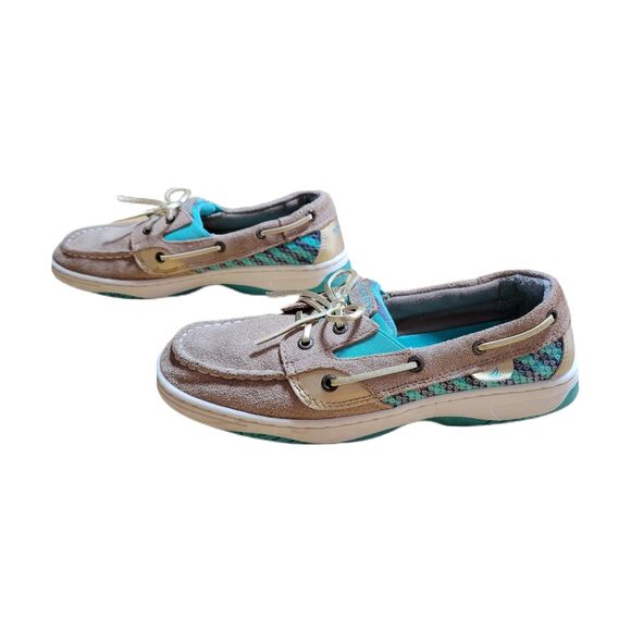 Sperry Girls 5m Leather Topsider Butterflyfish Green Sequin Boat Shoes READ - Picture 2 of 9